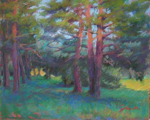 Post image for Pine Tree Clearing; pastel landscape painting work in progress.