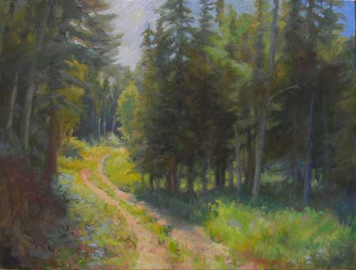 An oil painting of a path leading into a forest in Alaska.
