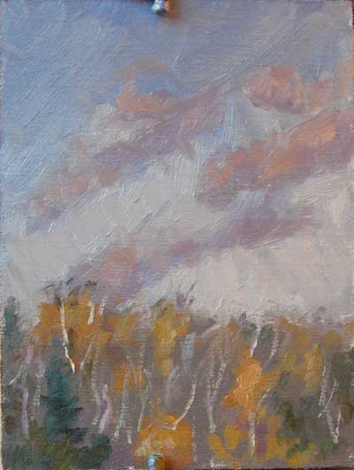 Oil painting show yellow aspen trees and a sky with cloud just before sunset