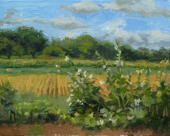 Hollyhocks and Crop Fields, 8x10", oil on panel by Jeffrey Smith