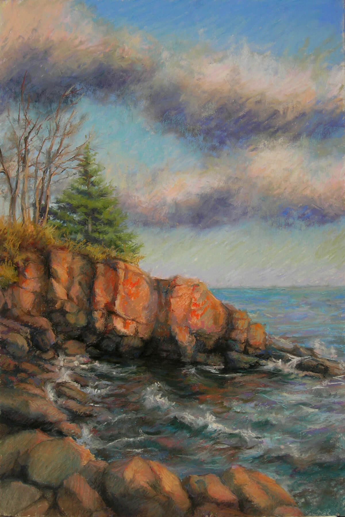 Image of a pastel painting of the rocky shore line of Lake Superior