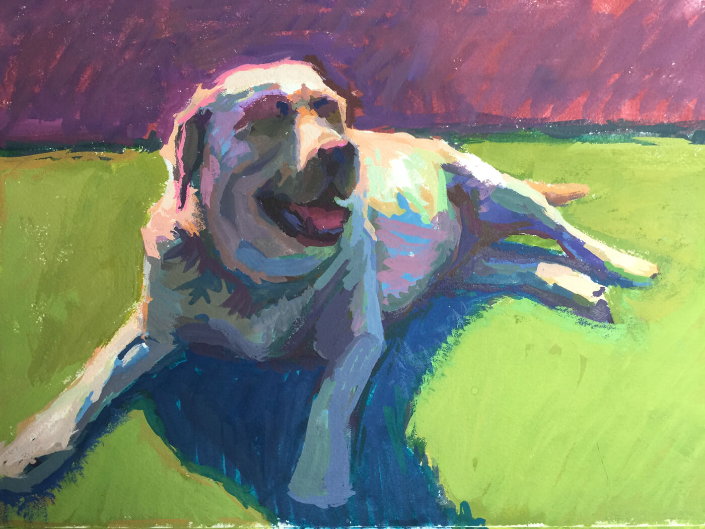 A colorful work in progress gouache painting of a yellow lab by Jeffrey Smith