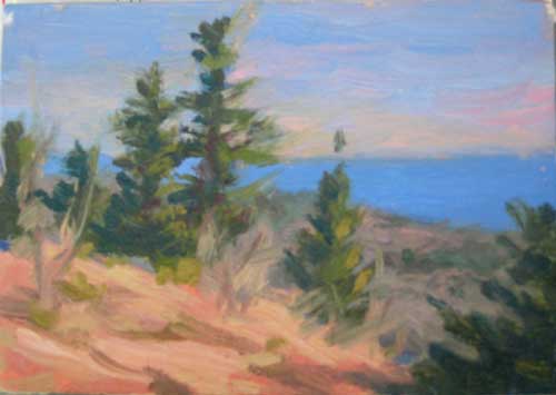 An image of a small oil painting depicting trees along the edge of a cliff, blue sky in the background.  