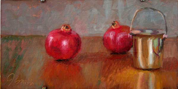 An oil painting showing 2 pomegranates and an antique silver jar on a wood table top by Jeffrey Smith