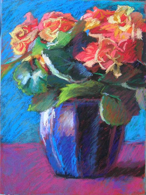 Blue Pot, Oange Begonia, - a pastel painting of orange begonias in a ceramic vase - Jeffrey Smith