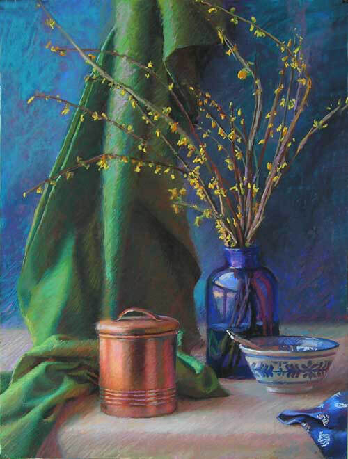 Forsythia and Coper - a pastel painting of small yellow flowers against a blue background - Jeffrey Smtih