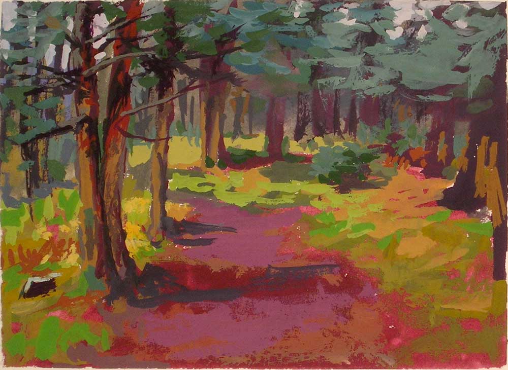 Trail Under the Pine Trees | gouache landscape painting
