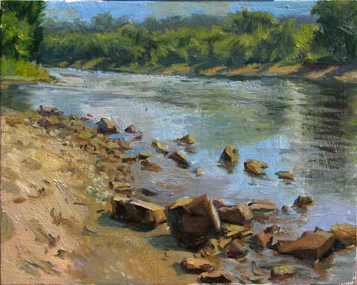 Mississippi River Rocks in Full Sun | plein air painting to last the whole winter