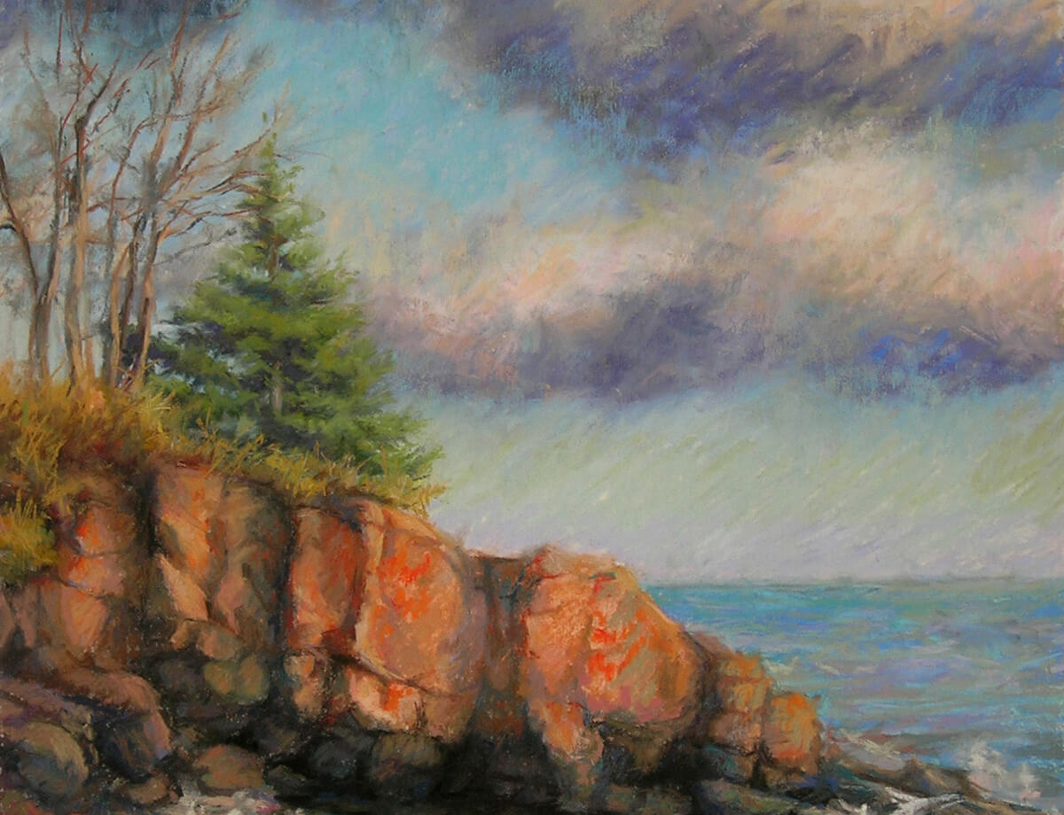 Detail picture of a pastel painting of a pine tree growing from the rocks