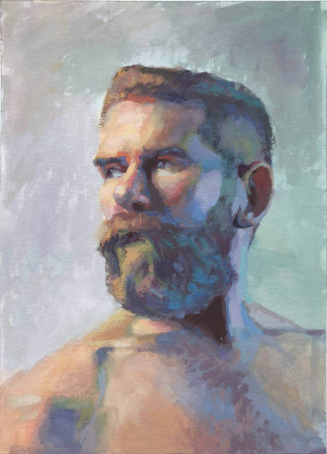 A colorful portrait painting of a guy with a beard