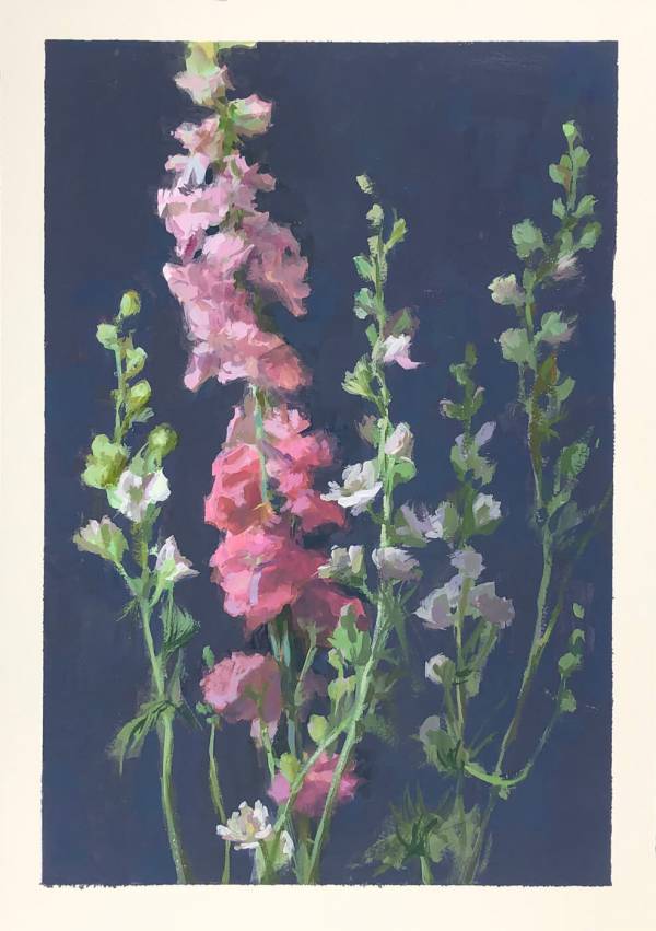 A gouache painting of several stalks of delphinium