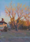 painting of a tree during an early morning sunrise