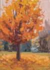 A casein painting of an orange-yellow fall color maple tree