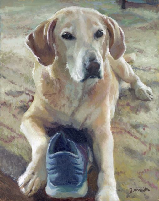 Oil painting of a yellow Labrador Retriever sitting and facing forward, with brown ears and a dark nose, holding a blue shoe