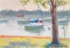 Waiting for the Wind, a casein painting of sailboats on a very calm Lake Harriet in Minneapolis, MN