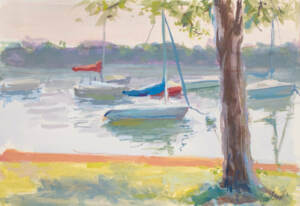 Waiting for the Wind, a casein painting of sailboats on a very calm Lake Harriet in Minneapolis, MN