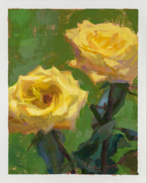 Acrylic gouache painting of 2 yellow roses against a green background by Minnesota painter Jeffrey Smith