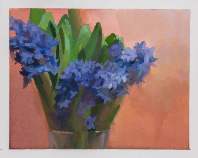 Gouache paint of a vase filled with purple hyacinth by Minnesota artist Jeffrey Smith