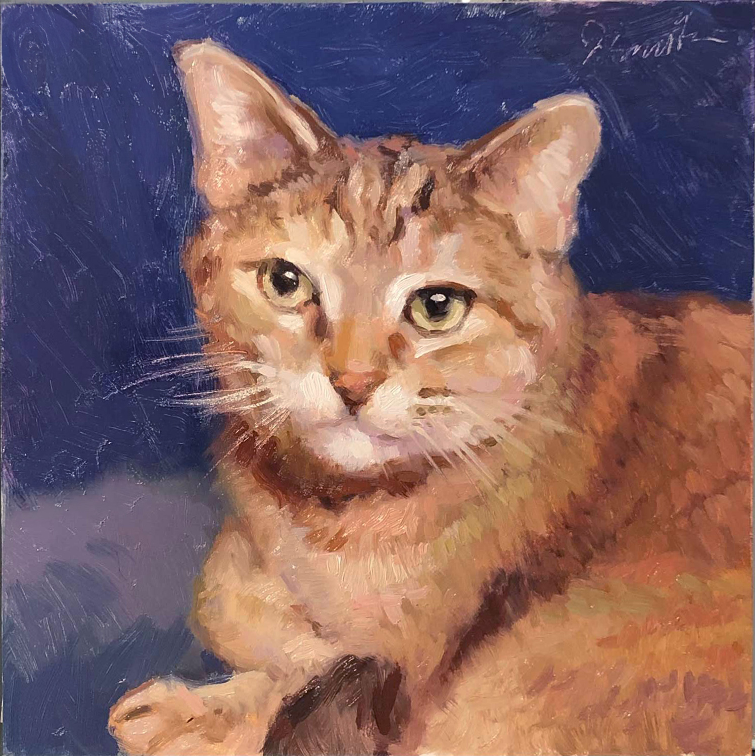 Oil portrait of Kat, a tabby cat, against a deep blue background