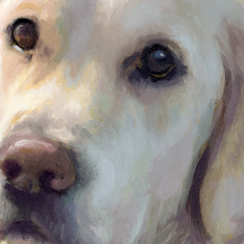 Close-up of Larry's portrait, the eye and nose built from strokes of color